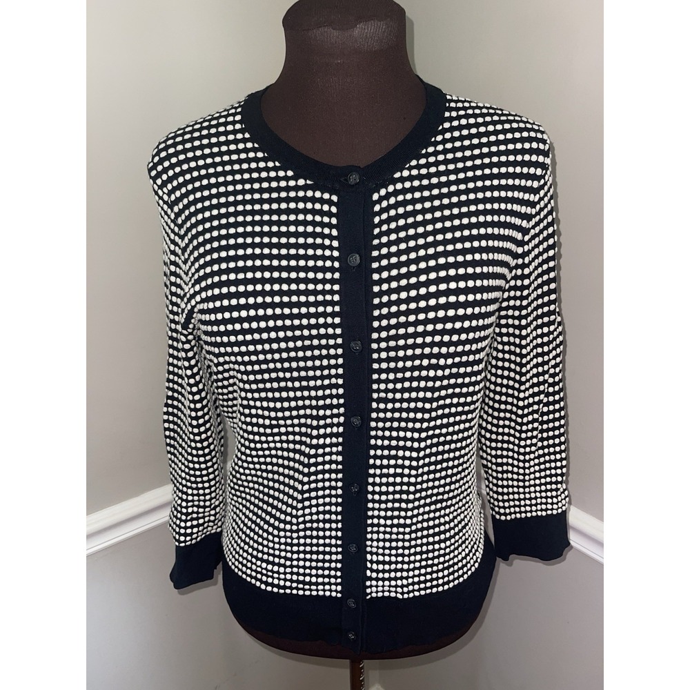 Ann Taylor Black and White Polka Dot Cardigan Sweater Size L Career Preppy